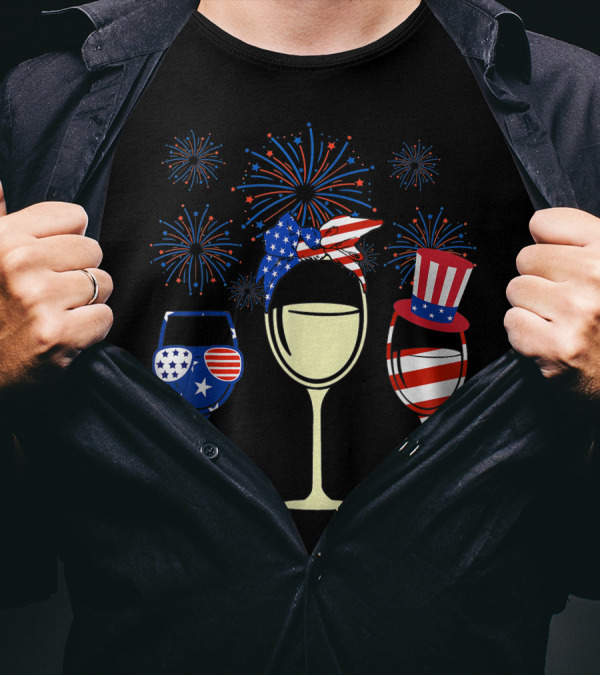 American Flag Wine Glasses Firework Celebration 4th Of July T-Shirt