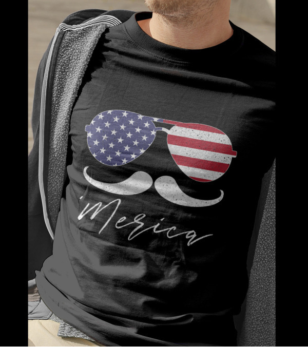 'Merica Funny Fourth Of July Sunglasses Mustache American Flag T-Shirt
