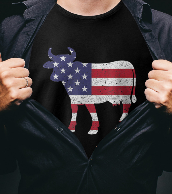 Patriotic Cow American Flag Stars Stripes 4th Of July T-Shirt