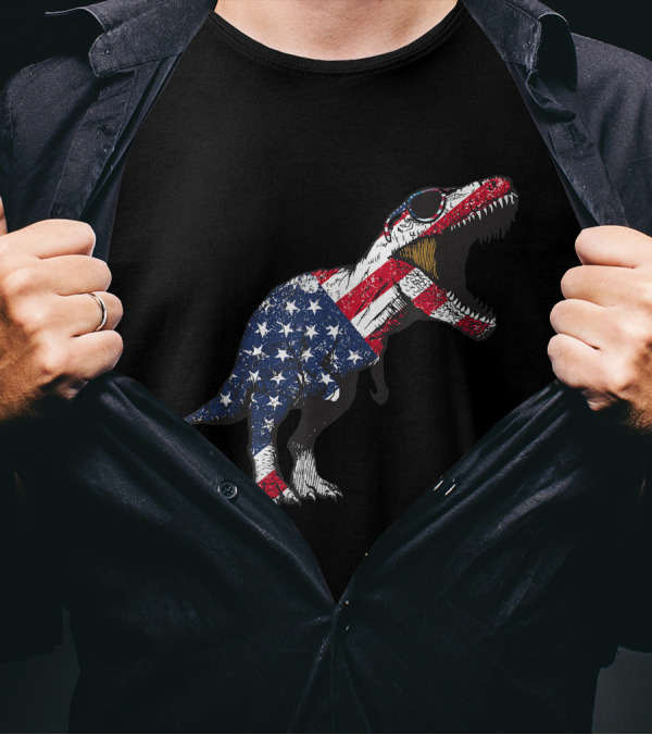 American Flag T-Rex Dinosaur 4th Of July Stars And Stripes Sunglasses T-Shirt