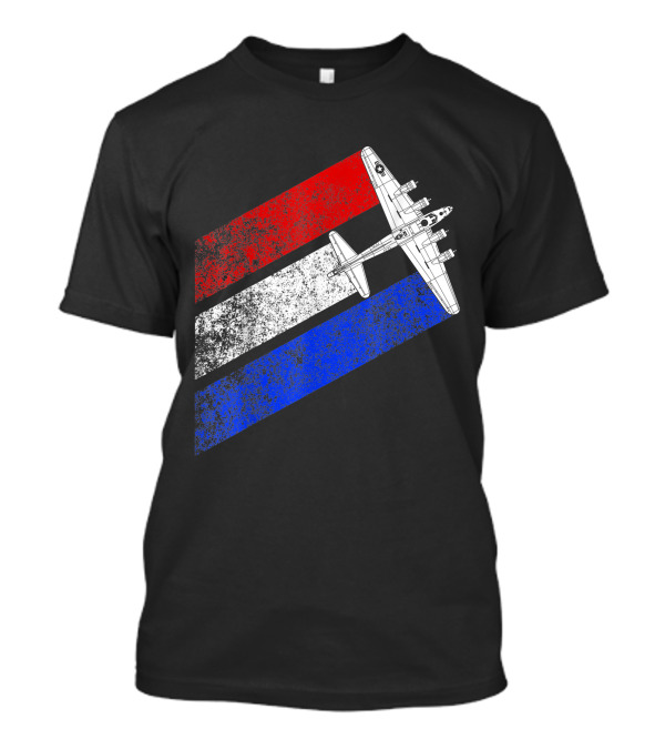 B 17 Flying Fortress Schematic Vintage American Flag Stripes T-Shirt
