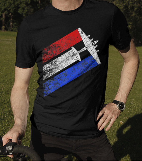 B 17 Flying Fortress Schematic Vintage American Flag Stripes T-Shirt