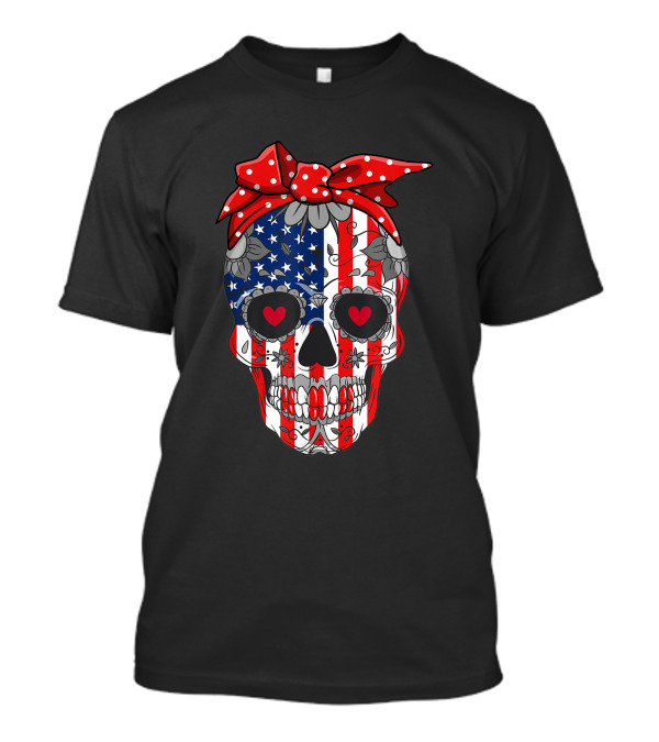 Sugar Skull American Flag Red Bow 4th Of July Independence T-Shirt