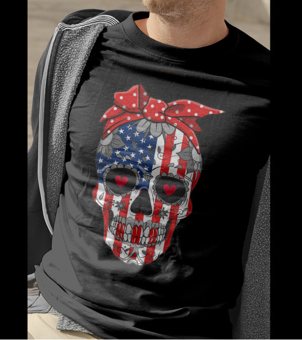Sugar Skull American Flag Red Bow 4th Of July Independence T-Shirt