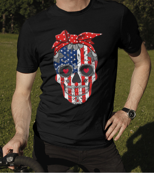 Sugar Skull American Flag Red Bow 4th Of July Independence T-Shirt