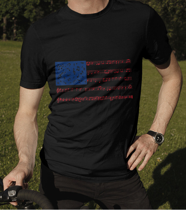 2H Note Song Playing Music Clef Teacher American Flag With Musical Notes T-Shirt