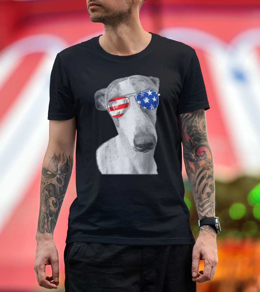 Vintage Whippet Dog American USA Flag Glasses T-Shirt