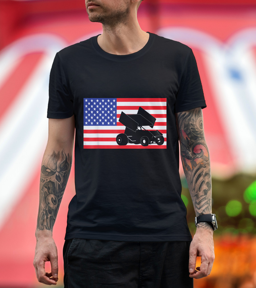 Sprint Car Racing Dirt Track USA American Flag 4th of July T-Shirt