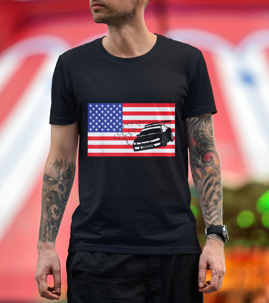 Drifting JDM Car Racer with American Flag for 4th of July T-Shirt