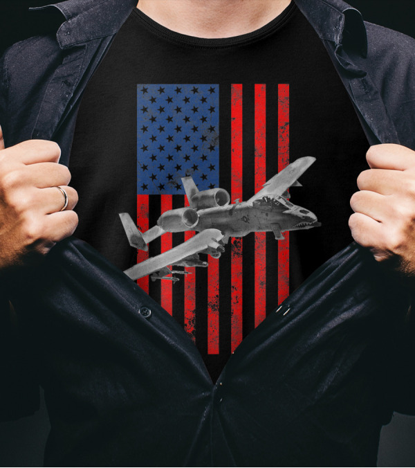 A-10 Warthog Flying Over American Flag With A-10 Thunderbolt T-Shirt