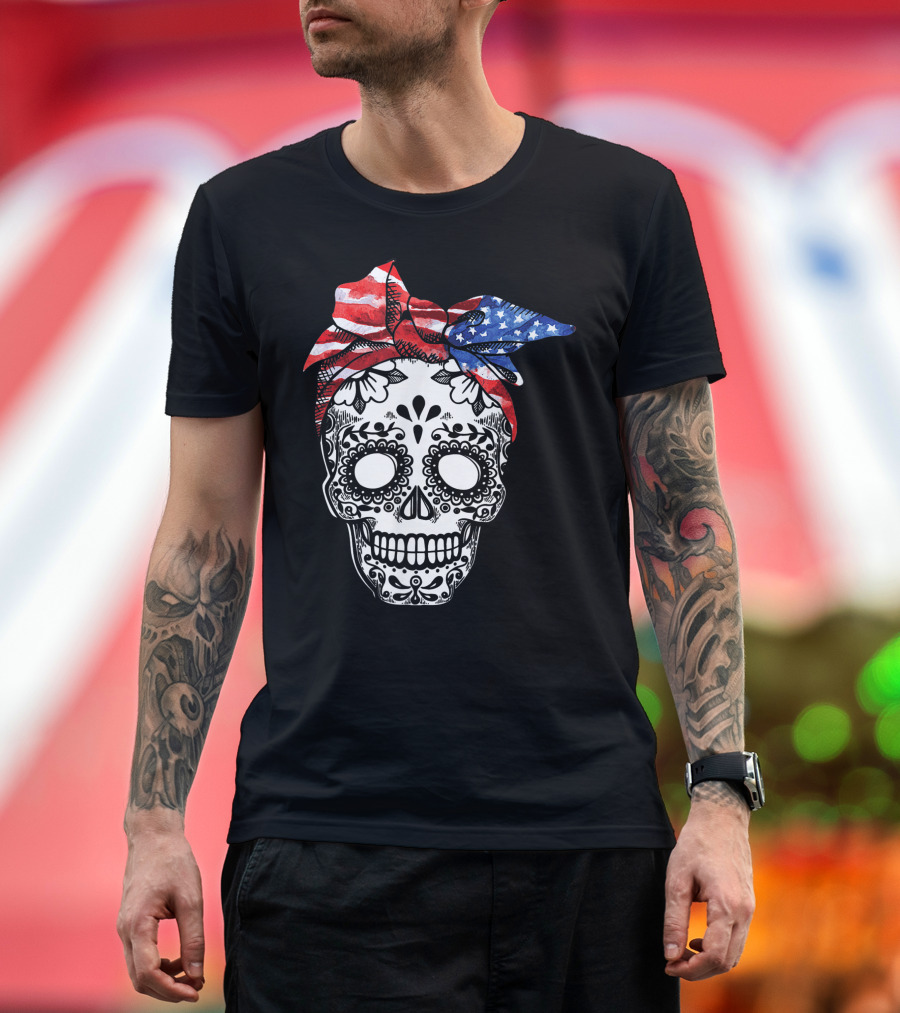 American Flag Skull Sugar Skull with US Flag Headband 4th of July T-Shirt