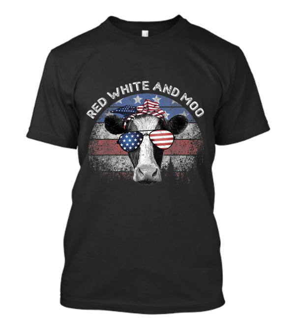 Red White And Moo Cow Wearing American Flag Sunglasses With Patriotic Background T-Shirt