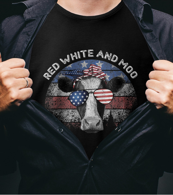 Red White And Moo Cow Wearing American Flag Sunglasses With Patriotic Background T-Shirt