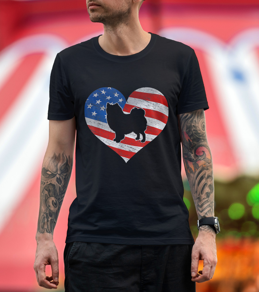 American Flag Heart with American Eskimo Dog Silhouette 4th of July T-Shirt