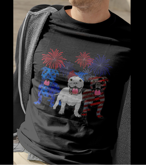 Pitbull Dad American Flag Fireworks 4Th Of July T-Shirt