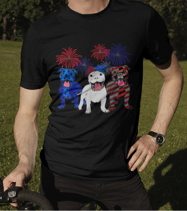 Pitbull Dad American Flag Fireworks 4Th Of July T-Shirt