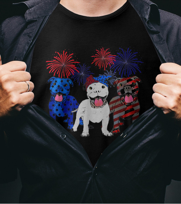 Pitbull Dad American Flag Fireworks 4Th Of July T-Shirt