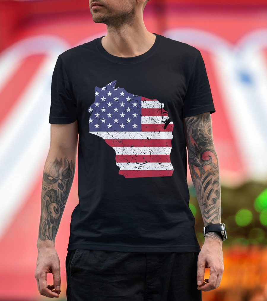 Wisconsin Map American Flag 4th of July Pride T-Shirt