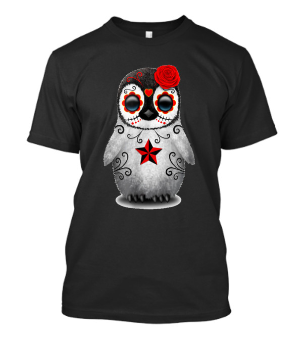 Sugar Skull Penguin With Red Rose And Star Day Of The Dead T-Shirt