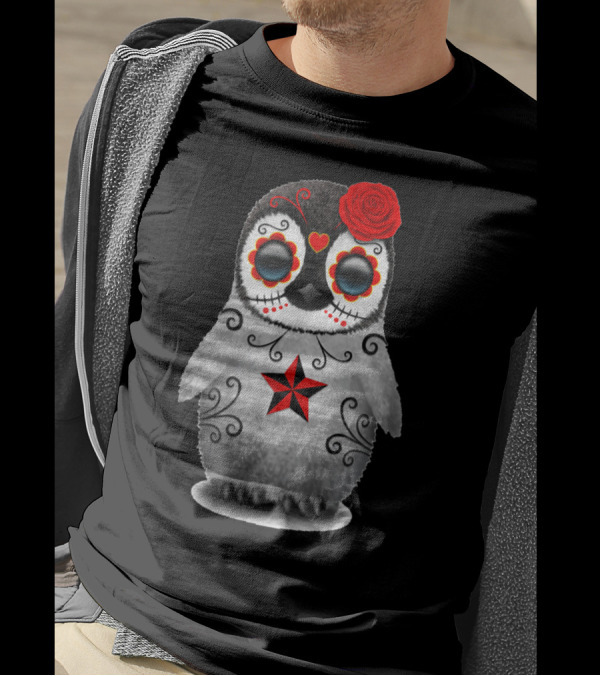 Sugar Skull Penguin With Red Rose And Star Day Of The Dead T-Shirt