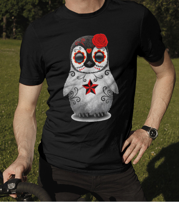Sugar Skull Penguin With Red Rose And Star Day Of The Dead T-Shirt