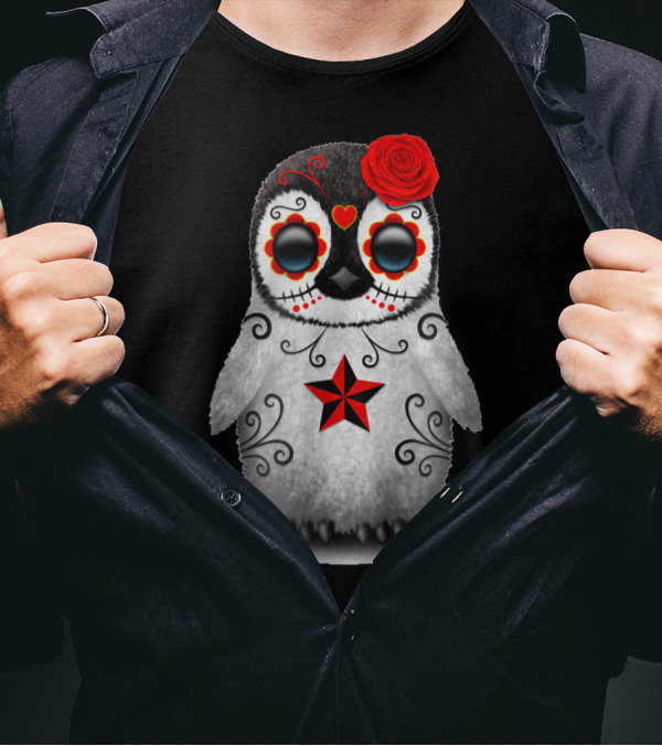 Sugar Skull Penguin With Red Rose And Star Day Of The Dead T-Shirt