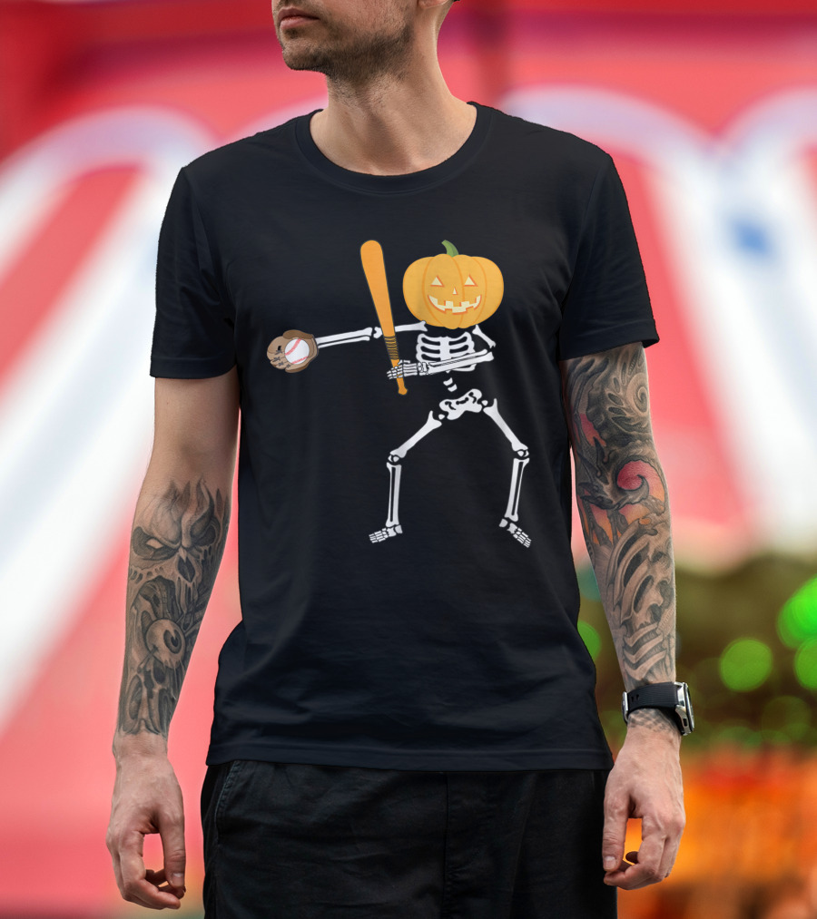 Flossing Skeleton Pumpkin Head Halloween Baseball Batting Player T-Shirt