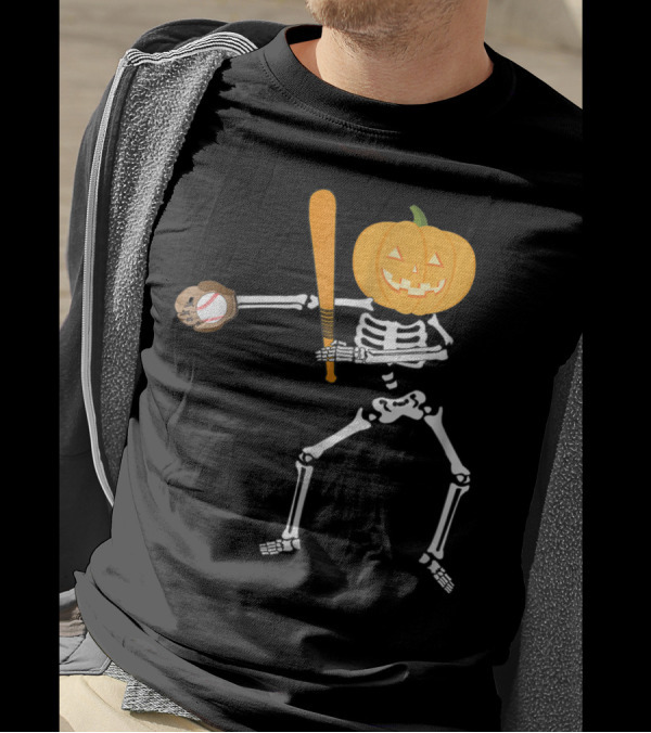 Flossing Skeleton Pumpkin Head Halloween Baseball Batting Player T-Shirt