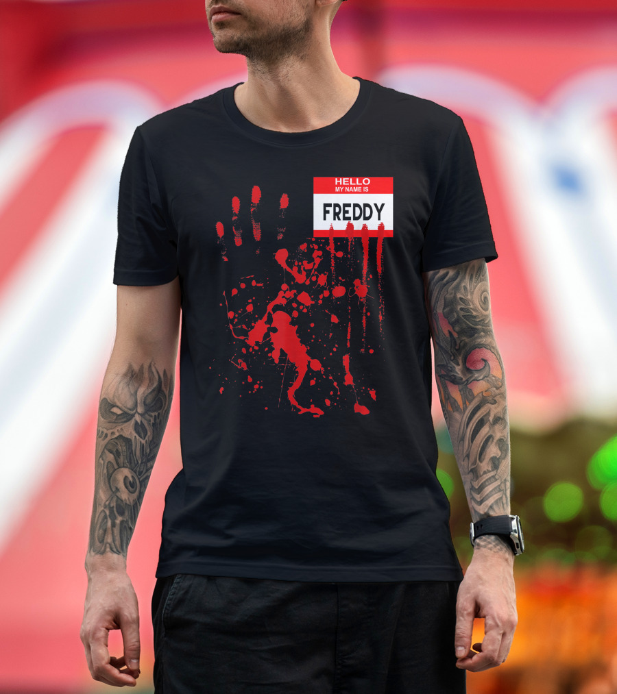 Freddy Handprint Blood Splatter Halloween Name Tag Horror T-Shirt