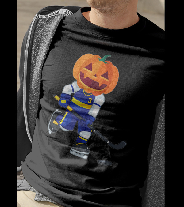 Halloween Pumpkin Head Ice Hockey Player Number 3 Scary T-Shirt