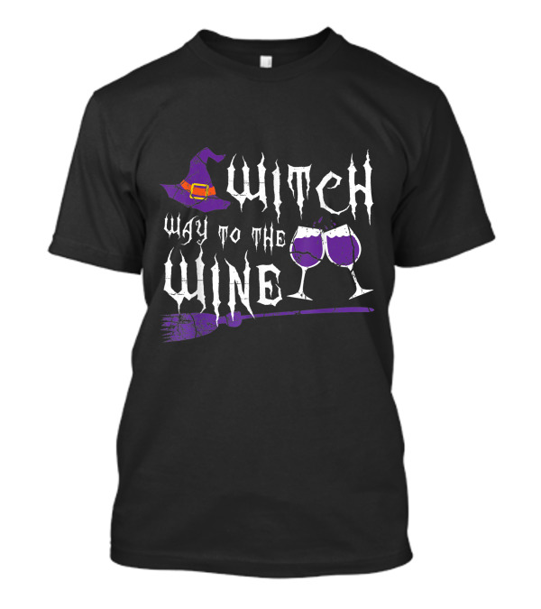 Witch Way To The Wine Halloween Witch Hat Broom Purple Wine Glasses T-Shirt