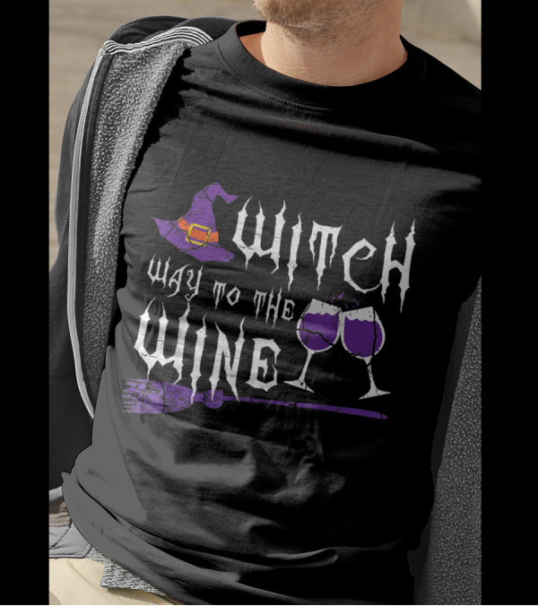 Witch Way To The Wine Halloween Witch Hat Broom Purple Wine Glasses T-Shirt