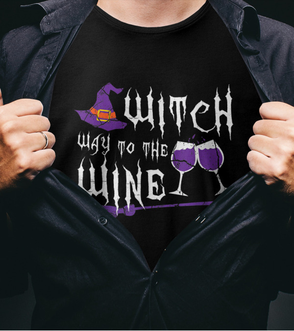 Witch Way To The Wine Halloween Witch Hat Broom Purple Wine Glasses T-Shirt