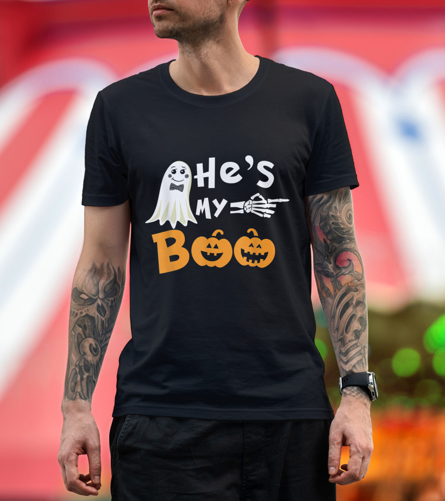 He's My Boo Ghost Skeleton Hand Pumpkin Halloween T-Shirt