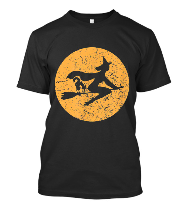 Witch On A Broomstick With Cat Silhouette Against Moon Background T-Shirt