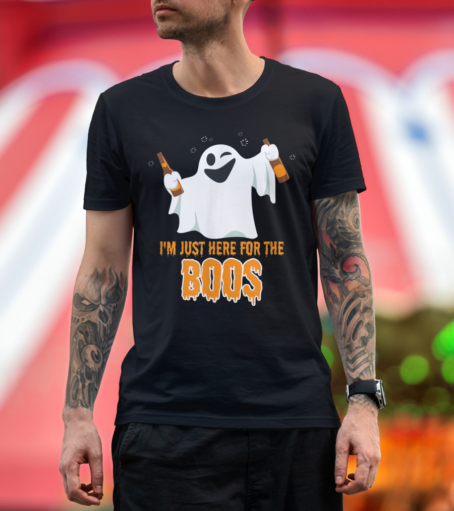 I'm Just Here For The Boos Ghost Waving Wine Bottles Halloween Fun T-Shirt
