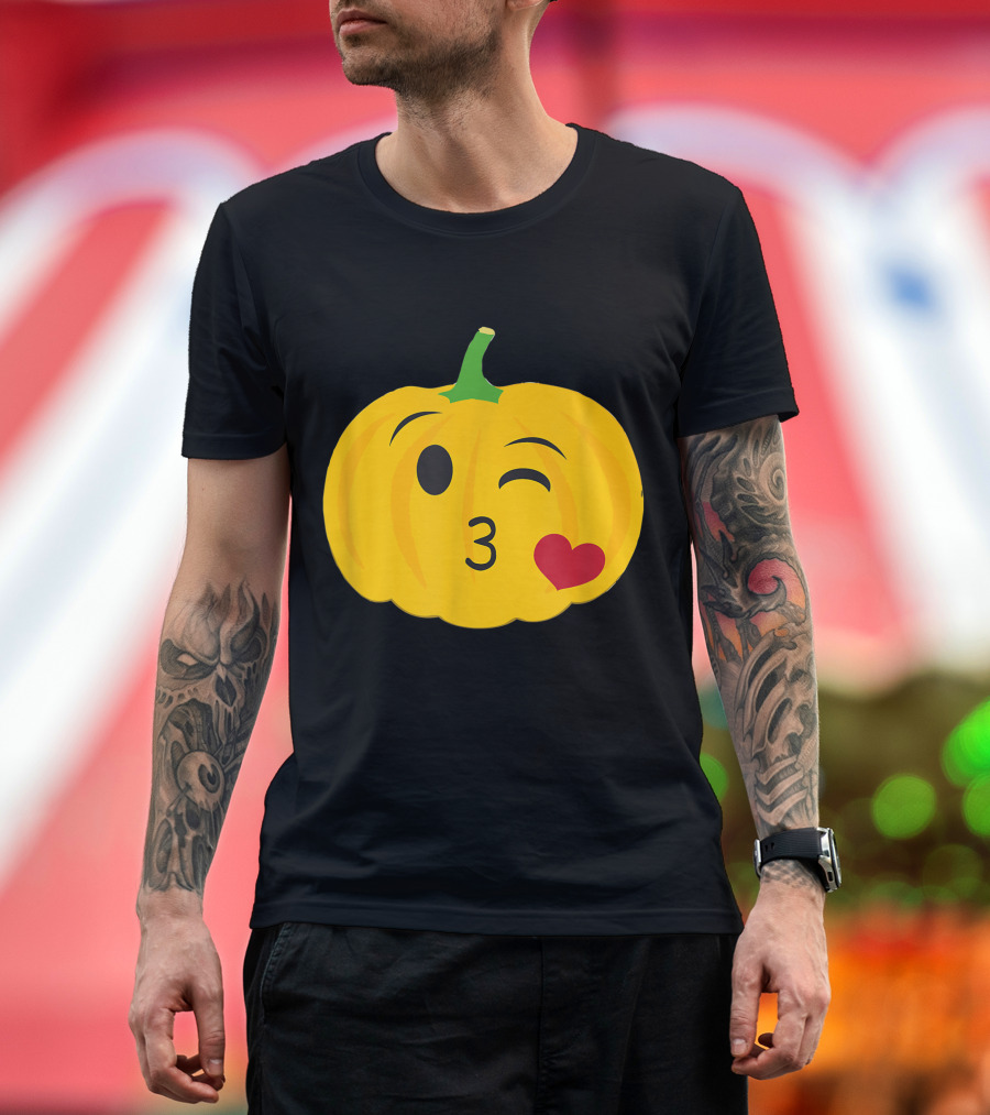 Pumpkin Emoji Heart Kiss Wink Face with Green Stem T-Shirt