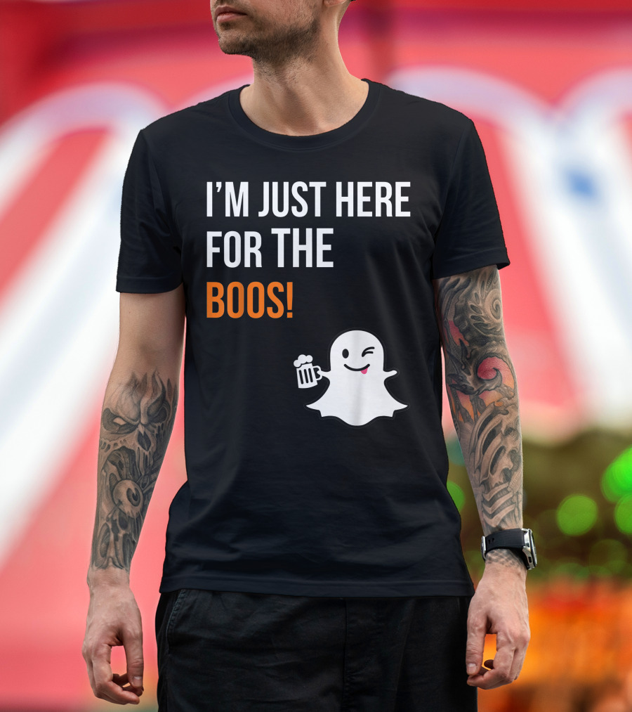 I'm Just Here for the Boos Winking Ghost with Beer Mug Halloween T-Shirt