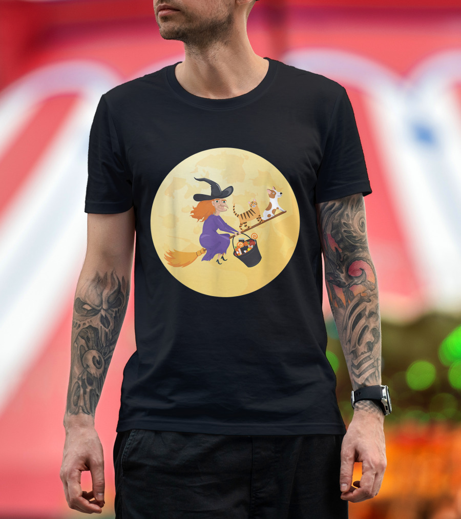 Fun Room On A Broom Witch Cat Dog Candy T-Shirt