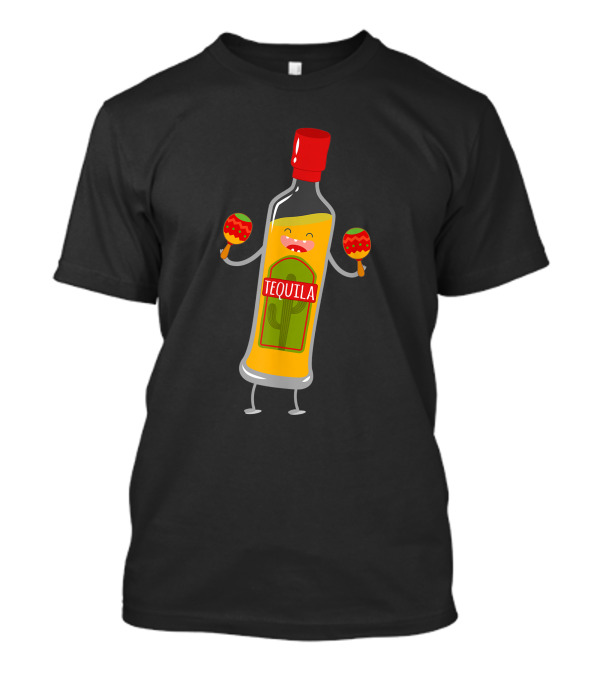 Tequila Bottle With Maracas And Cactus Label T-Shirt