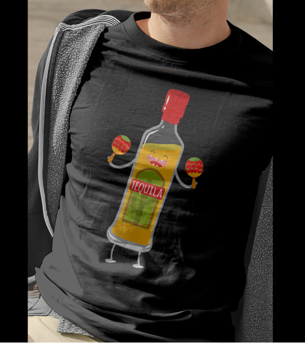 Tequila Bottle With Maracas And Cactus Label T-Shirt
