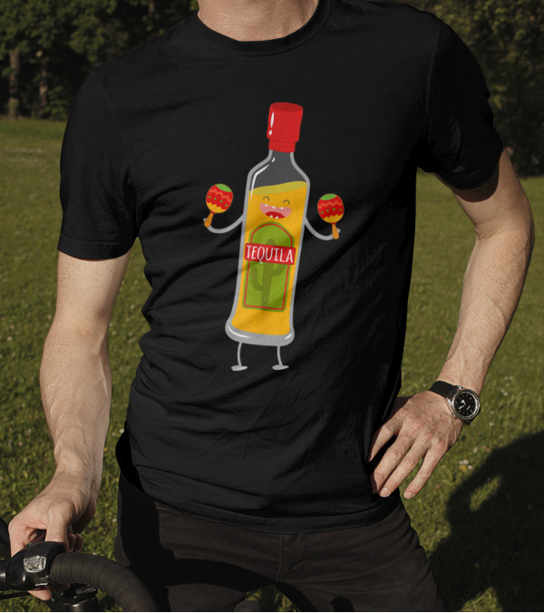 Tequila Bottle With Maracas And Cactus Label T-Shirt