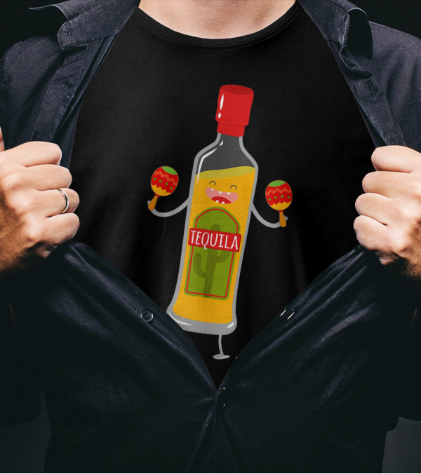 Tequila Bottle With Maracas And Cactus Label T-Shirt