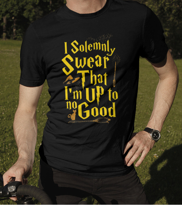 I Solemnly Swear That I'm Up To No Good Magic Wand Hat Cat Broomstick T-Shirt