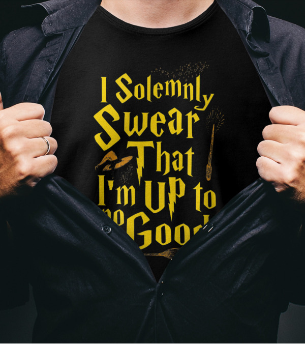 I Solemnly Swear That I'm Up To No Good Magic Wand Hat Cat Broomstick T-Shirt