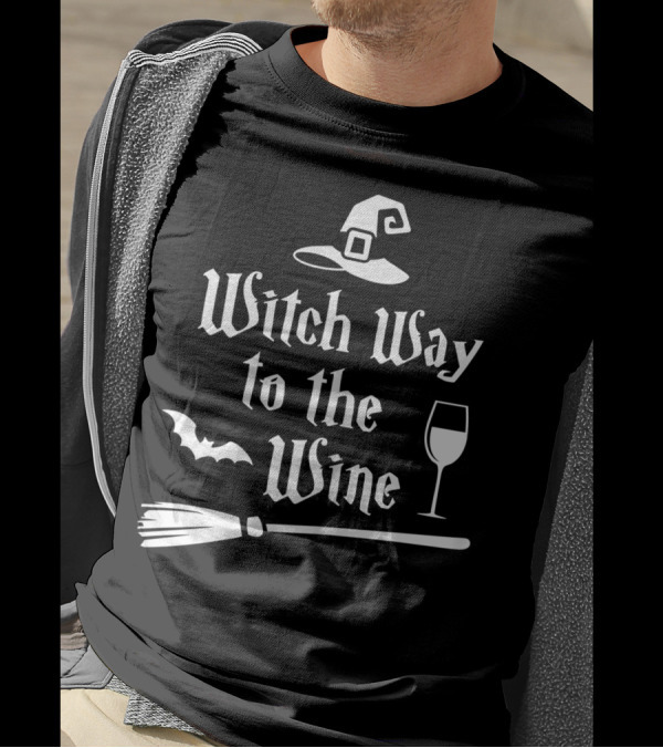 Witch Way To The Wine Funny Drinking Idea With Witch Hat Broom Bat And Wine Glass T-Shirt