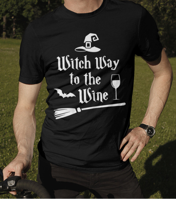 Witch Way To The Wine Funny Drinking Idea With Witch Hat Broom Bat And Wine Glass T-Shirt