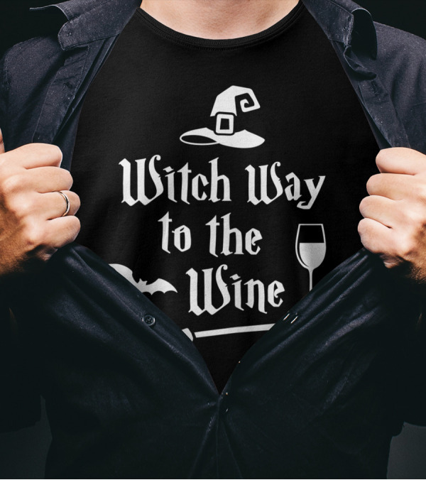 Witch Way To The Wine Funny Drinking Idea With Witch Hat Broom Bat And Wine Glass T-Shirt