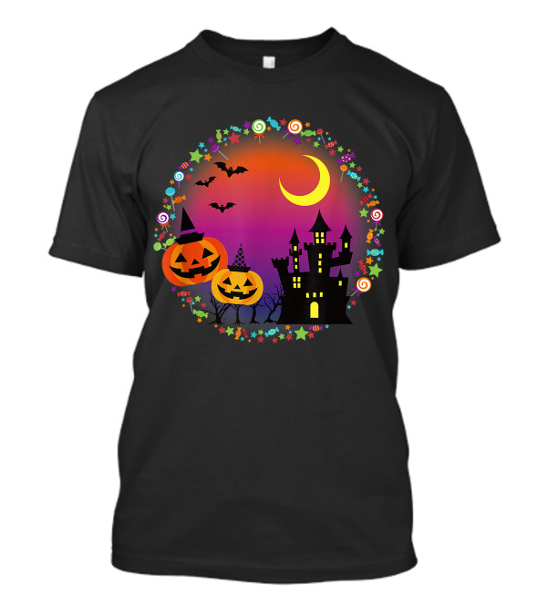 Halloween Haunted Castle Jack O Lantern Witch Hat Bats And Candy T-Shirt