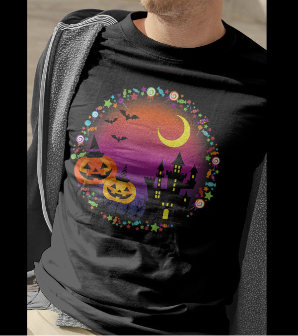 Halloween Haunted Castle Jack O Lantern Witch Hat Bats And Candy T-Shirt